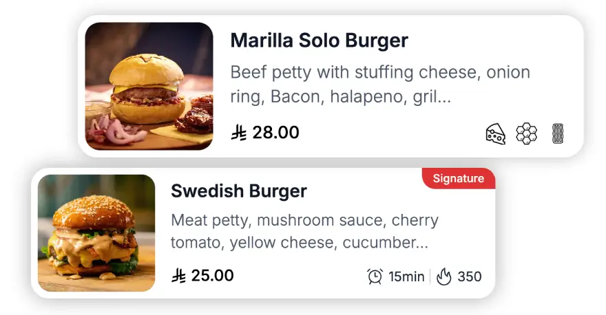 Digital Menu items with calories, badges and labels.