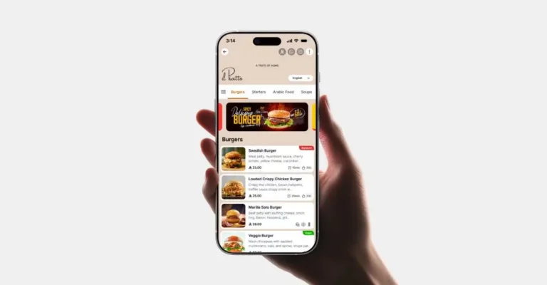 Hand with mobile phone and qr code menu on screen powered by TableQR